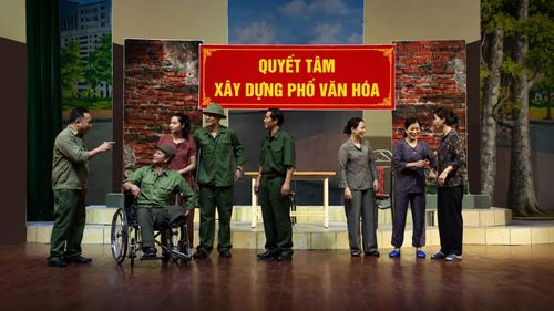 Hình ảnh trong vở kịch nói “Những người lính giữa thời bình” do Trung tâm Văn hóa - Nghệ thuật Lam Sơn dàn dựng.