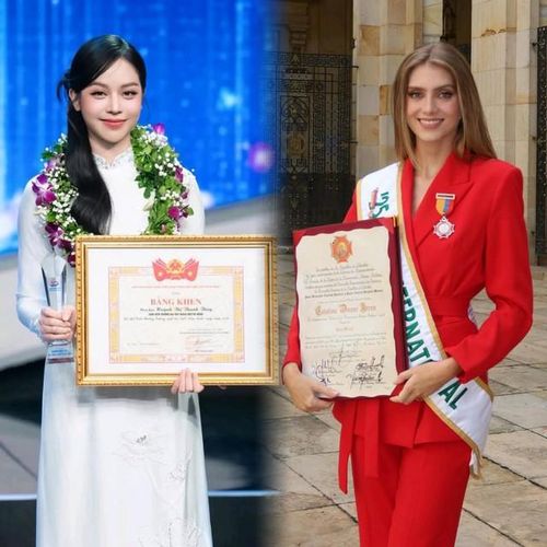 Đương kim Hoa hậu Catalina Duque đến từ Colombia (áo đỏ) và người đẹp Việt Nam Huỳnh Thị Thanh Thủy - Miss International 2024.