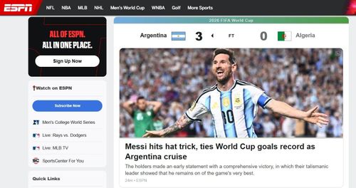 Hình ảnh Messi đang phủ kín các trang báo thể thao thế giới sau cú hat-trick siêu đẳng ngay trận mở màn với Algeria. Ảnh: ESPN.