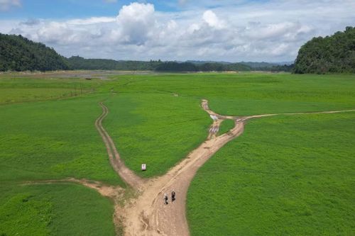 Các nhà nghiên cứu đi bộ dưới lòng hồ chứa nước để kiểm tra ga tàu Nithe thuộc tuyến "đường sắt tử thần" ở Thái Lan. Ảnh: AP Photo/Anton L. Delgado.
