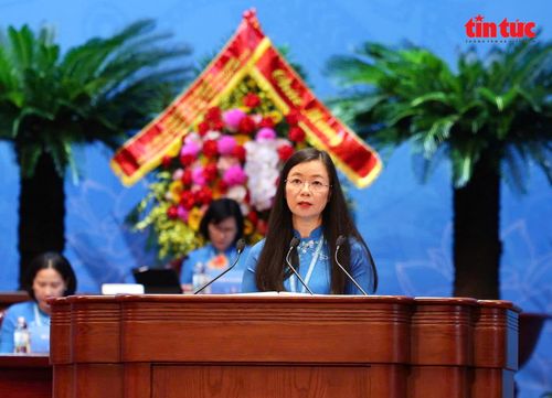 Bà Nguyễn Thị Thu Hiền, Phó Chủ tịch Hội LHPN Việt Nam trình bày Báo cáo tổng kết việc thực hiện Điều lệ Hội khóa XIII và trình việc sửa đổi, bổ sung Điều lệ Hội LHPN Việt Nam.
