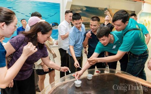 Người dân, du khách tham quan và trải nghiệm khu vực sản xuất nước mắm Lê Gia. Ảnh: Quốc Anh
