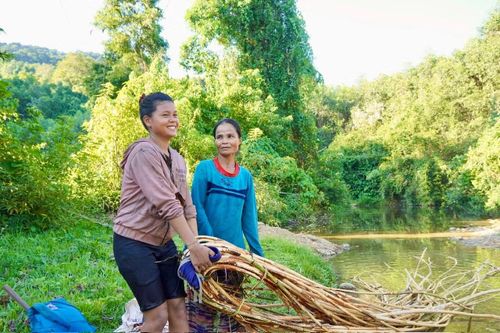 Bà Hồ Thị Thư (50 tuổi, phải) cùng con dâu Hồ Thị Lan kéo mây từ rừng về bản.