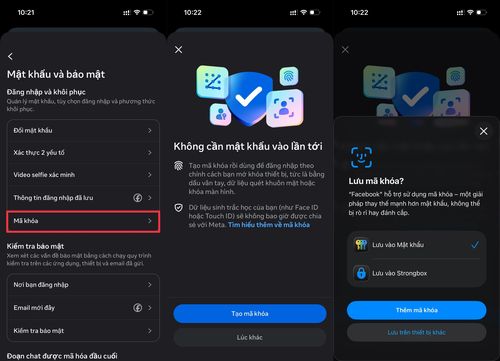 Thao tác thiết lập passkey trên ứng dụng Facebook.