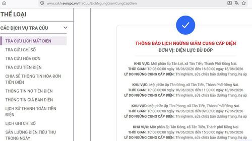 Lịch ngừng cấp điện tại Đồng Nai ngày mai 19/6 được cập nhật trên website của EVNSPC lúc 10h55 ngày 18/6. Ảnh: BNEWS phát 