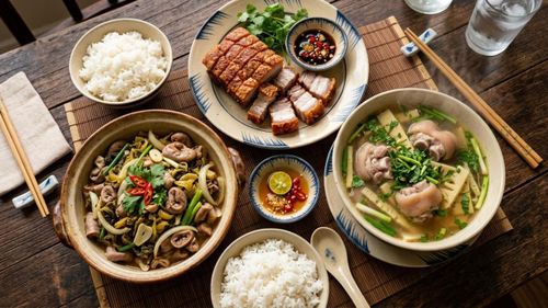 Món lòng heo xào dưa, thịt quay giòn bì, canh măng móng giò. Ảnh minh họa AI