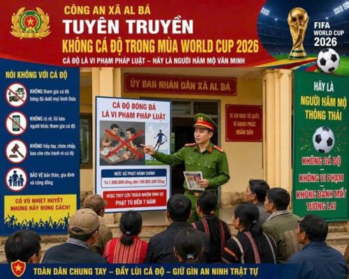 Công an tỉnh Gia Lai tuyên truyền, vận động người dân tuyệt đối không tham gia cá độ bóng đá trái phép trên không gian mạng. (Nguồn: Công an xã Al Bá)
