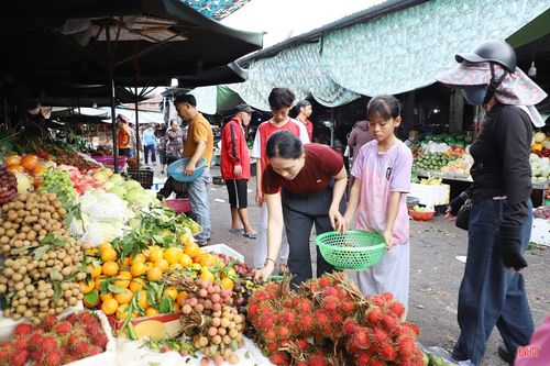 Trong dòng người mua sắm, chị Phan Thị Lan (xã Đồng Tiến) cùng người thân cẩn thận lựa chọn từng loại hoa quả cho mâm lễ cúng.