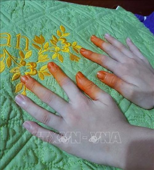 Sau một đêm nhuộm bằng lá móng, móng tay của trẻ nhỏ sẽ có màu đỏ hoặc màu cam sẫm. Ảnh: TTXVN phát