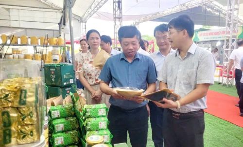 Lãnh đạo Sở Nông nghiệp và Môi trường cùng các đại biểu tham quan các gian hàng tại phiên chợ.
