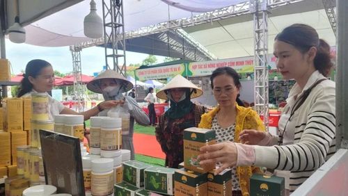 Người dân tham quan, mua sắm sản phẩm tại phiên chợ.