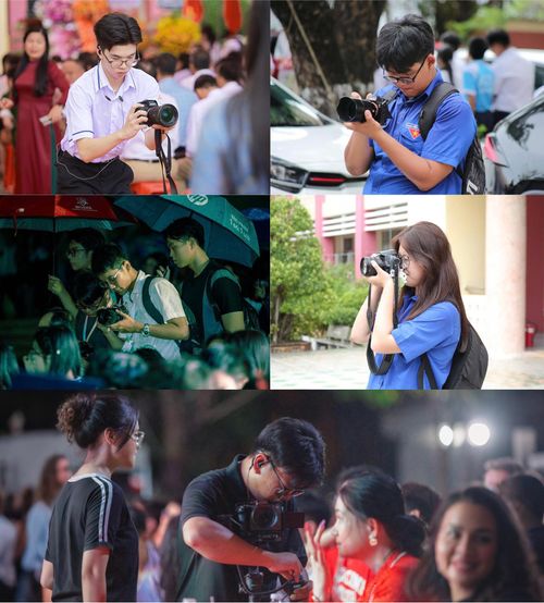 Thành viên Humada Media Team tác nghiệp tại các sự kiện của Trường Trung học phổ thông chuyên Huỳnh Mẫn Đạt. Ảnh: Humada Media Team