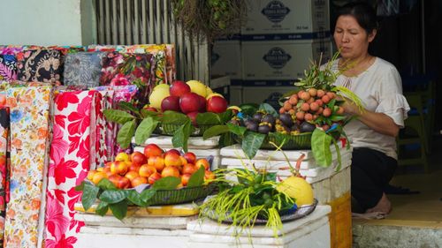  Theo cô Hoa - một tiểu thương bán hoa quả ở chợ Hôm (phường Ngô Thì Nhậm): "Mận, vải, đào là những loại quả được khách hàng ưa chuộng nhất để dâng lễ bởi màu sắc rực rỡ đẹp mắt. Không chỉ là biểu tượng của sự may mắn, sức khỏe, vị ngọt chua còn được xem là "thần dược" diệt sâu bọ theo quan niệm dân gian Việt Nam". 