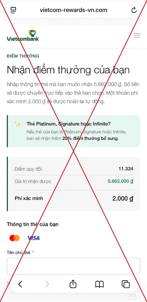 Trang web giả mạo Vietcombank. Ảnh: VCB
