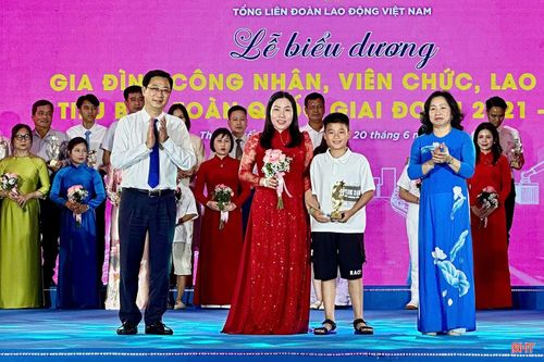 Chị Đặng Thị Kim Lành và cháu Nguyễn Trọng An (SN 2015, con trai thứ hai) đại diện gia đình tham dự hội nghị biểu dương.