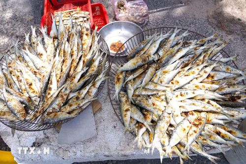 Cá trích tươi sau khi đánh bắt được sơ chế, xếp lên vỉ và nướng bằng than hồng ngay tại bờ biển. (Ảnh: Thanh Thủy/TTXVN)