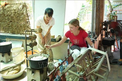 Các du khách quốc tế thích thú khi được tự tay tham gia từng công đoạn dệt lụa truyền thống.