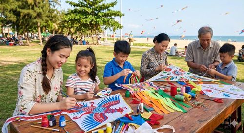 Nhiều hoạt động được tổ chức để phục vụ du khách. Trong ảnh: Du khách trải nghiệm làm diều tại lễ hội An Hải (An Hải Festival). Ảnh: THU HÀ