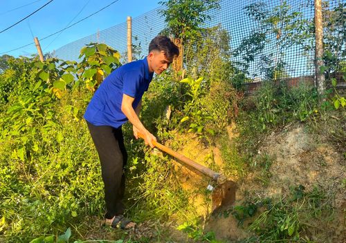 Anh Nguyễn Đức Tây chăm sóc vườn cây ăn quả cho Đoàn xã Bà Bà hỗ trợ vào tháng 3/2026. Ảnh: P.A