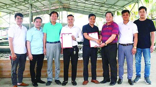 TSKH. Hà Phúc Mịch- Chủ tịch VOAA và ông Trần Xuân Việt - Phó Chủ tịch VOAA trao Quyết định kết nạp hội viên cho các ông Vũ Văn Quân và Trần Văn Đông.