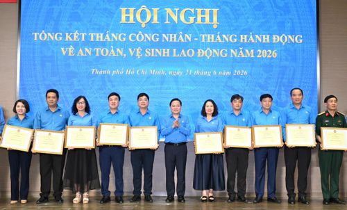  Chủ tịch Tổng LĐLĐ Việt Nam Nguyễn Anh Tuấn trao Bằng khen đến tập thể, cá nhân. Ảnh: VIỆT DŨNG 