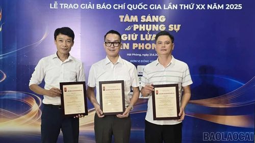 Nhóm tác giả của Báo và Phát thanh, Truyền hình tỉnh Lào Cai vinh dự được trao giải Khuyến khích.