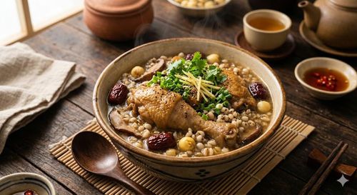 Gà hầm ý dĩ giúp bồi bổ cơ thể.