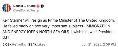  Bài đăng trên mạng xã hội Truth Social của Tổng thống Mỹ Donald Trump. 