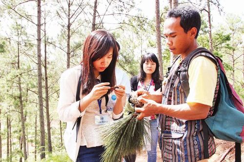 Người trẻ dân tộc thiểu số Tây Nguyên kể chuyện rừng cho khách trải nghiệm.