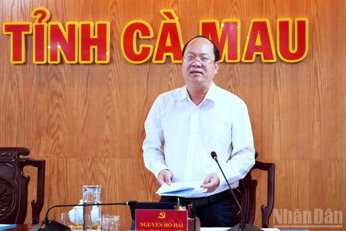 Đồng chí Nguyễn Hồ Hải, Ủy viên Trung ương Đảng, Bí thư Tỉnh ủy Cà Mau phát biểu kết luận tại cuộc họp.