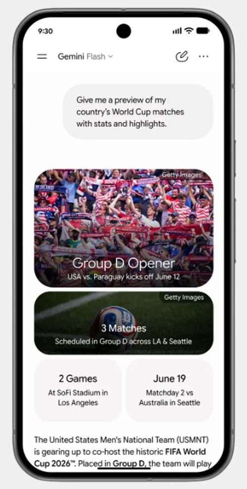 Người dùng có thể hỏi về các trận đấu World Cup 2026 trên Gemini. Ảnh: Google