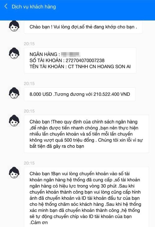 Tin nhắn đối tượng lừa đảo đầu tư tài chính thúc ép nạn nhân tiếp tục nộp tiền. Ảnh chụp màn hình