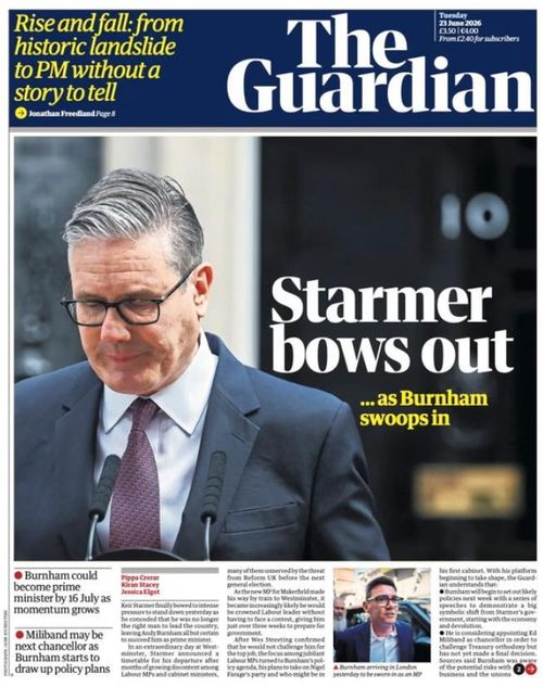 Trang nhất báo The Guardian ngày 23/6 đưa tin về việc Thủ tướng Keir Starmer từ chức. Ảnh: The Guardian