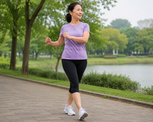 Đi bộ xoay thân nhẹ giúp huy động thêm các cơ chéo bụng và tăng khả năng phối hợp giữa thân trên với thân dưới.