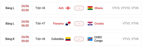 Lịch thi đấu lượt trận thứ hai bảng L, K World Cup 2026 ngày 24-6. Ảnh: 24h.com.vn