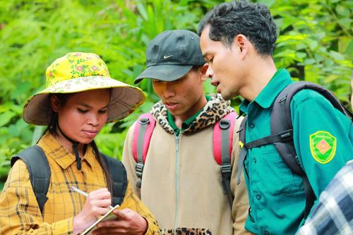 Các thành viên tổ bảo vệ rừng cộng đồng thôn Hồ thường xuyên ghi chép mỗi khi tuần tra bảo vệ rừng - Ảnh: P.T.L