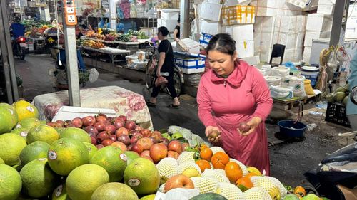 Người tiêu dùng lựa chọn các loại hoa quả theo mùa tại chợ Xanh, phường Thục Phán.