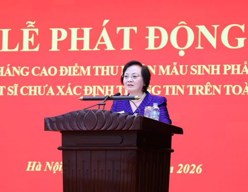 Phó Thủ tướng Phạm Thị Thanh Trà phát biểu tại Lễ phát động triển khai tháng cao điểm thu nhận mẫu sinh phẩm ADN thân nhân liệt sĩ chưa xác định thông tin trên toàn quốc. Ảnh: VGP