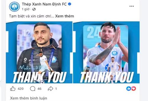 Mới nhất, trang fanpage Thép Xanh Nam Định FC thông báo chia tay 2 ngoại binh là Mahmoud Eid và Mitchell Djik.
