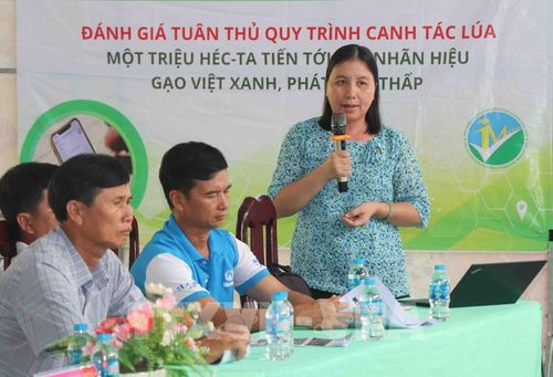 Bà Trần Thị Kim Thúy, Phó Chi cục trưởng Chi cục Trồng trọt và Bảo vệ thực vật thành phố Cần Thơ thông tin, phổ biến về phương hướng, mục tiêu thực hiện Đề án 1 triệu ha lúa trên địa bàn thành phố. Ảnh: Thu Hiền - TTXVN