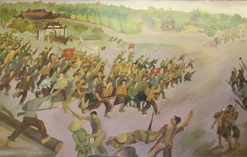 Nhân dân huyện Thiệu Hóa khởi nghĩa giành chính quyền ngày 19/8/1945. (Tranh trưng bày tại Nhà truyền thống - Khu di tích lịch sử cách mạng Trụ sở làm việc của Tỉnh ủy Thanh Hóa trong giai đoạn 1967-1973).