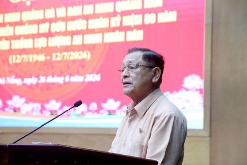 Thượng tướng Lê Thế Tiệm, nguyên Thứ trưởng Bộ Công an, nguyên cán bộ Ban An ninh Quảng Đà phát biểu tại buổi gặp mặt. Ảnh: TRỌNG HUY