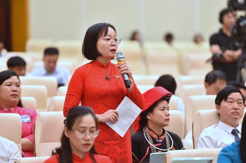 Đại biểu Nguyễn Thanh Thủy, Ủy viên chuyên trách Ban Văn hóa - Xã hội HĐND tỉnh phát biểu chất vấn lãnh đạo Sở Giáo dục và Đào tạo.