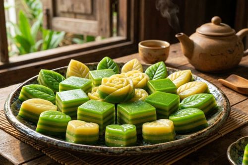Nguyên liệu làm bánh da lợn rất dễ tìm, chủ yếu bao gồm bột năng (quyết định độ dẻo dai), nước cốt dừa, đậu xanh và lá dứa để tạo màu, tạo mùi thơm. Ảnh: CN