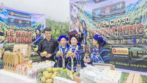 Các thanh niên, phụ nữ dân tộc thiểu số xã Mường Hum tích cực tham gia bán hàng qua các nền tảng mạng xã hội tại phiên chợ số.