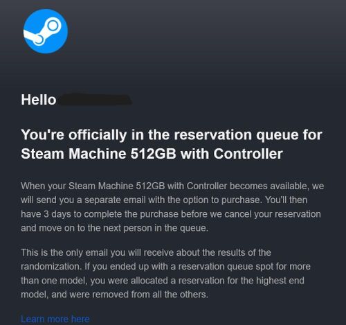 Steam Machine reservation email.