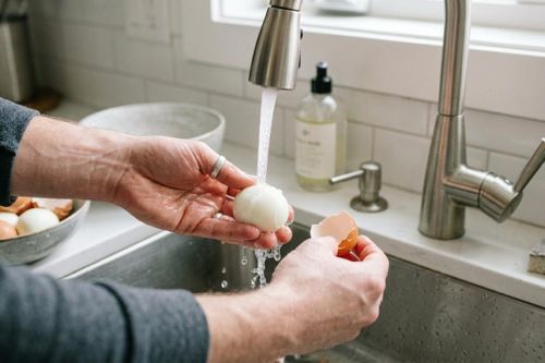 Bóc trứng luộc dưới vòi nước giúp trứng luộc giữ được vẻ hoàn hảo. (Ảnh: WH)