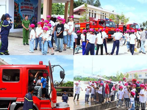 Các em thiếu nhi, học sinh tham gia Chương trình “Kỹ năng nhỏ-An toàn lớn” trải nghiệm thực tế công tác phòng cháy chữa cháy.