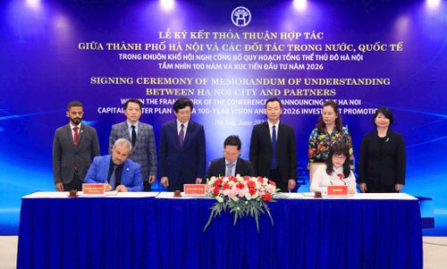 Lễ ký MOU hợp tác 3 bên giữa Sở Tài chính, Tập đoàn MHGROUP và Hội đồng Doanh nhân Ả Rập chiều 27-6. Ảnh: Viết Thành