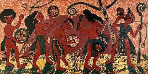 Tác phẩm “Rực rỡ Tây Nguyên” (sơn mài, 60 x 120cm, 2026) của Thúy Phượng.